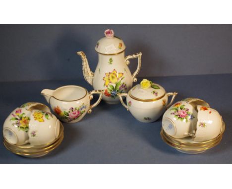 Herend 21 piece floral coffee set comprising 6 cups & saucers, coffee pot, sugar & creamer
