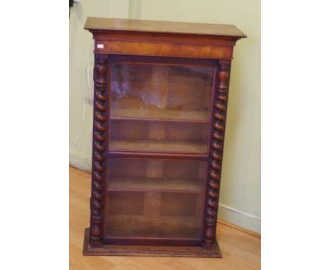 Victorian walnut display cabinet with barley spiral twist columns, 1 shelf missing, 58cm wide, 27cm deep, 89.5cm high