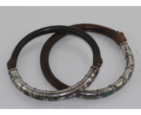 Pair of Chinese silver & enamel bangles with carved timber backs.