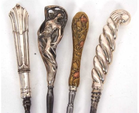 Two silver and steel long handled button hooks, Birmingham 1890, Charles Boynton (I) and London 1889 The Atkin Bros, 32cm lon