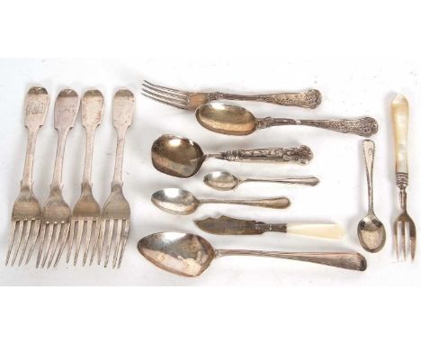 Mixed Lot: Four Victorian fiddle pattern dessert forks, Georgian dessert spoon (a/f), a Victorian christening fork and spoon,