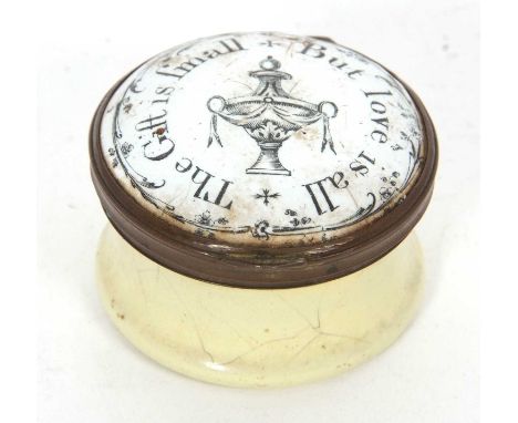 A Georgian Bilston enamel "love token" patch box circa 1800, the pale yellow base and white hinged cover with the words "The 