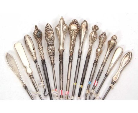 Group of thirteen early 20th Century silver and steel button hooks of various dates and makers, 1900-1934, 11-17cm long