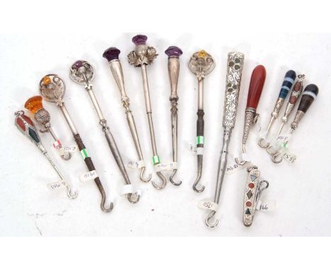 Group of fourteen late 19th/early 20th Century silver handled stone and glass set button hooks, various dates and makers, 4-1