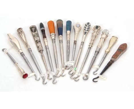 Group of six early 20th Century silver, stone and glass set button hooks with one marked sterling, and an EPNS example togeth