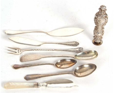 Mixed Lot: A Georgian long handle mustard spoon, Exeter 1805, two silver butter knives and a mother of pearl example, two hal