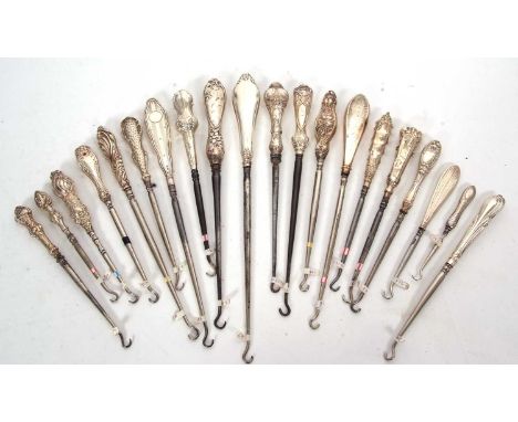 Group of twenty early 19th/late 20th Century silver and steel button hooks, various dates/makers, 11-28cm long