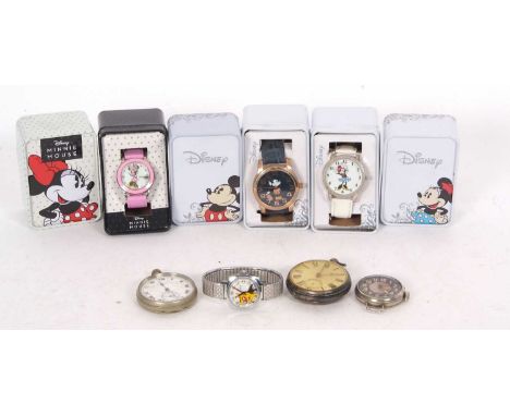 Mixed lot of Disney wristwatches and two pocket watches and a black dial vintage wristwatch, one of the pocket watches is hal
