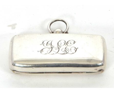 A hallmarked silver double sovereign holder of plain polished rectangular form, initialled to the front, push button opening 