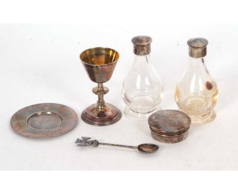 Cases silver travelling communion set comprising six pieces, a chalice, a paten, a pyx, a cruciform finial spoon and glass fl