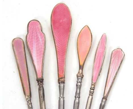 Six early 20th Century button hooks, each with pink guilouche enamel decorated handles, steel blades, five hallmarked 1925/38