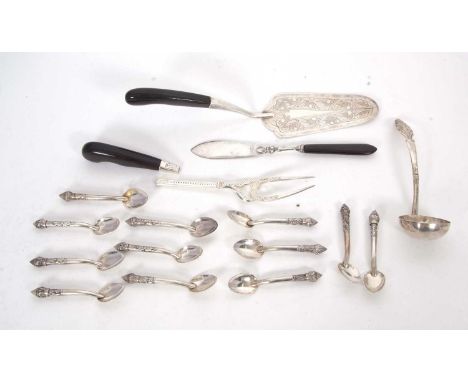 Mixed Lot: Twelve Cambodian t.900 small coffee spoons, Eastern white metal flatware to include a pair of ebonised handle serv