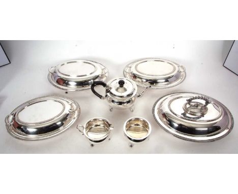 Four silver plated entree dishes and covers, together with three piece silver plated bachelors tea service made by Yeomans