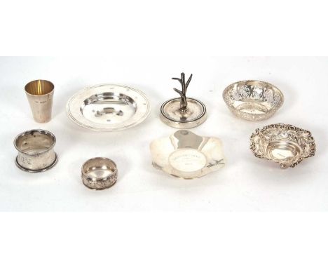 Mixed Lot: SIlver Armada dish with oversized hallmarks for London 1990, makers mark Mappin &amp; Well, 11cm diameter, an Edwa