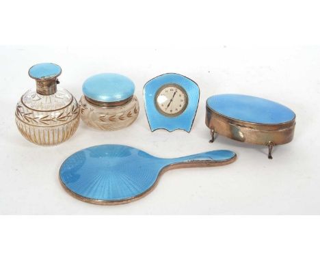 Group of four silver and blue guilloche mounted dressing table wares to include hand mirror, ring box, glass scent bottle and