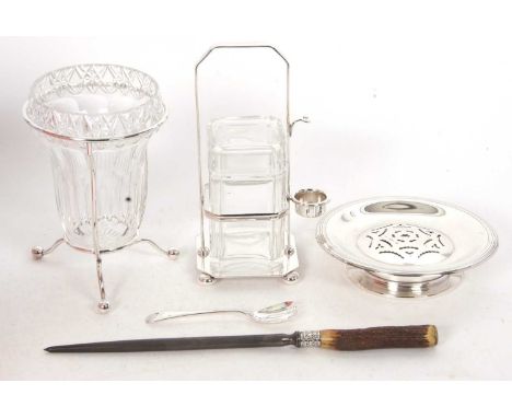 Mixed Lot: French Coquillor silver plated butter press, 17cm diameter, a glass celery vase in a silver plated stand, a silver