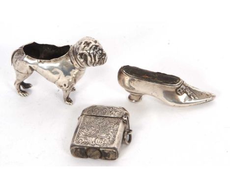 An Edwardian novelty silver bulldog pin cushion, makers mark for Adie &amp; Lovekin Ltd, cushion missing, a silver shoe pin c