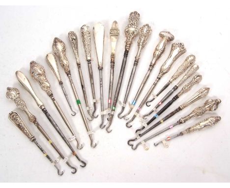 Group of twenty late 19th/early 20th Century silver and steel button hooks, various dates/makers, 11-23cm long