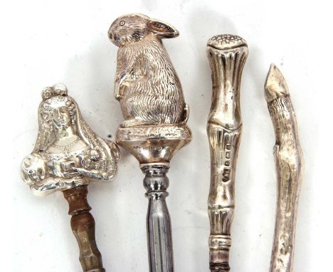 Four novelty button hooks to include a Victorian deers hoof example, 1889, makers mark for Hilliard &amp; Thomason, 13.5cm lo