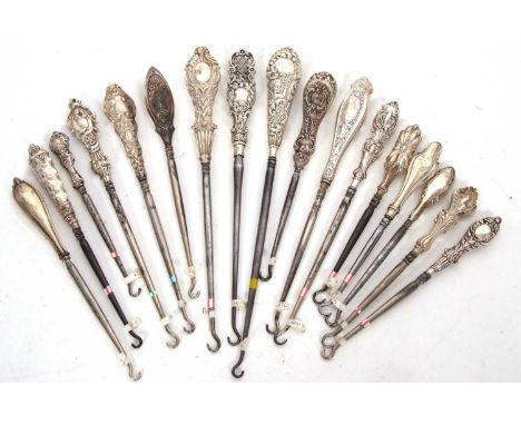 Group of seventeen late 19th/early 20th Century silver and steel button hooks, various dates/makers, 15-28cm