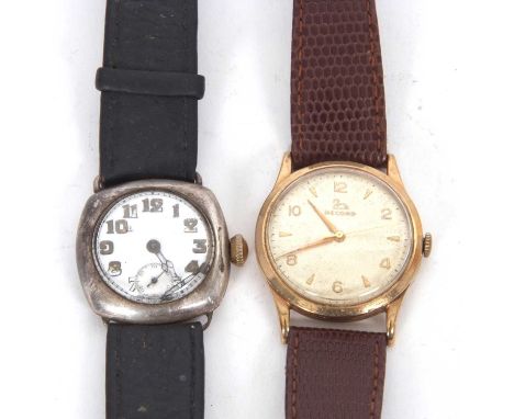 Two vintage wristwatches, one 9ct gold cased Record and one white metal wristwatch, both have manually crown wound movements,
