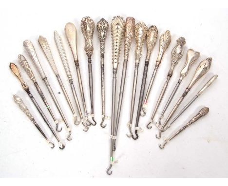 Group of nineteen late 19th/early 20th Century silver handled button hooks (steel hooks), various dates and makers