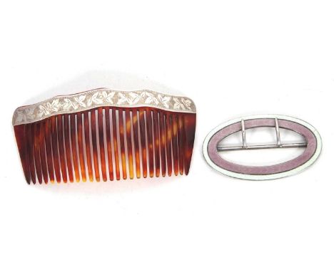 George V silver and enamel buckle of oval form having two bands of coloured gilloche enamel light green and purple, hallmarke