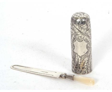 Mixed Lot: Victorian silver cylindrical cased scent bottle, glass lined, chased and engraved all over with a shield shaped va
