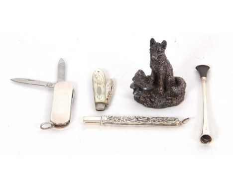 Mixed Lot: Silver bladed mother of pearl cased fruit knife, an Art Deco silver cheroot holder, a modern resin filled model of