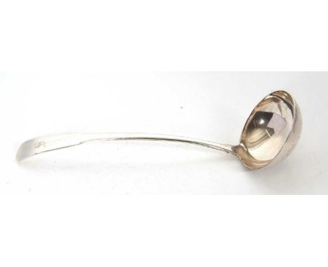 George III silver soup ladle, fiddle pattern, initialled, hallmarked Edinburgh 1808, makers mark rubbed, 32cm long, 210gms