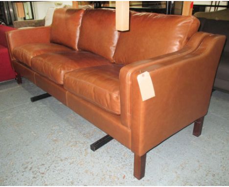 SOFA, brown leather, 81cm D x 77cm H x 219cm W.