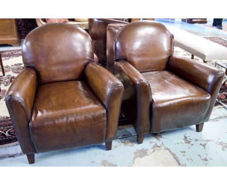 CLUB ARMCHAIRS, a pair, vintage hand coloured leaf brown stitched leather with rounded backs and tapering supports, 75cm W. (