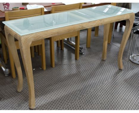 CONSOLE TABLE, rectangular frosted glass and limed beech cabriole supports, 76cm H x 136cm W x 42cm D.  