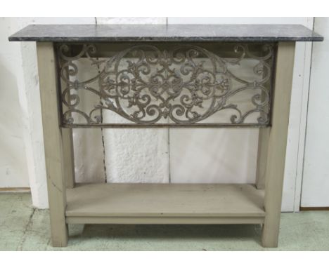 CONSOLE TABLE, Italian style, grey painted, with scrollwork inset iron panel and grey marble, 116cm W x 33cm D x 92cm H.