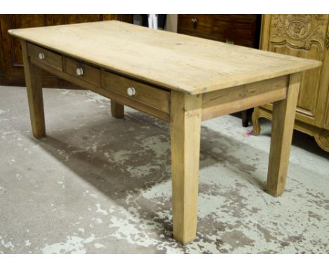 COUNTRY HOUSE TABLE, Victorian pine rectangular with three frieze drawers and ceramic knobs, 190cm x 92cm x 79cm H.