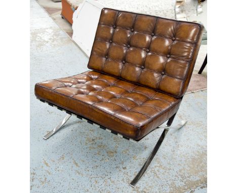 BARCELONA STYLE CHAIRS, a pair, chrome X framed, with leaf brown button tan upholstered cushions. (2)