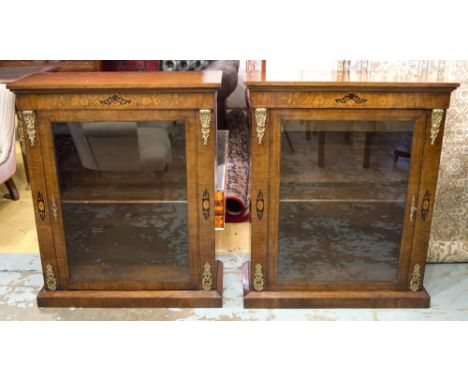 MARQUETRY BOOKCASES, a pair, Victorian walnut and inlaid each with single glazed door enclosing a shelf, 95cm H x 80cm W x 31