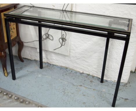 PIERRE VANDEL CONSOLE TABLE, rectangular black and silvered glass on lopped and stepped support, 74cm x 110cm W x 36cm D.