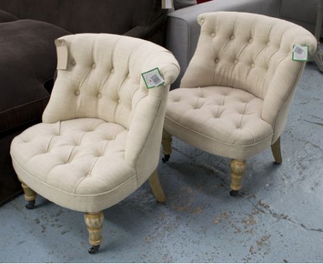 BEDROOM CHAIRS, a pair, button back, in a neutral fabric, on turned castor supports, 57cm W. (2)