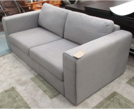 SOFA, two seater, in grey upholstery, 98cm D x 78cm, H x 200cm W (with faults).