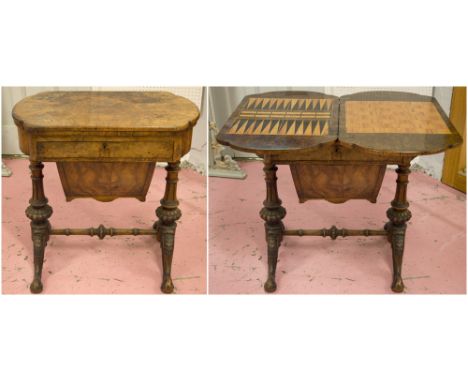 GAMES WORK TABLE, mid Victorian, burr walnut with satinwood inlay, interior inlaid chess, cribbage and backgammon board, abov