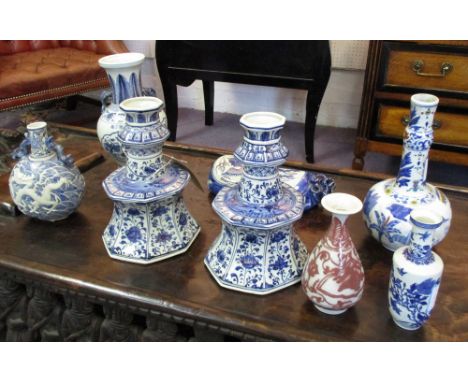 CHINESE BLUE & WHITE CERAMICS, including a pair of candle holders, a moon flask, a globular vase, a cushion, an unglazed vase