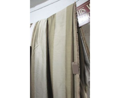 CURTAINS, three pairs, broad olive coloured stripes, lined and interlined, one pair each curtain approx 150cm W gathered, two