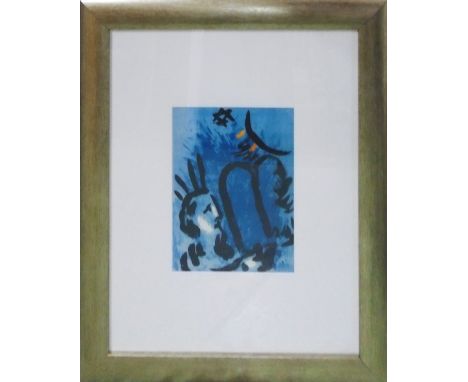 MARC CHAGALL, 'Moses with Tablets on Blue', offset lithograph, published by André Sauret in 1965, 28cm x 22cm.