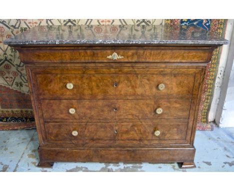 COMMODE, 19th century French, Louis Philippe, figured walnut, with four long drawers and St Annes variegated grey marble top,