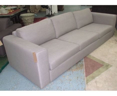 SOFA, three seater, in grey upholstery, 99cm D x 78cm H x 281cm L (with faults).