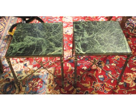 LAMP TABLES, a pair, early 20th century, brass framed, with square variegated green marble tops, over stretchered reeded supp