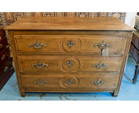 COMMODE, 18th century Italian, cherrywood, with three long drawers with fluted pilasters on feet, 126cm x 60cm x 86cm H.