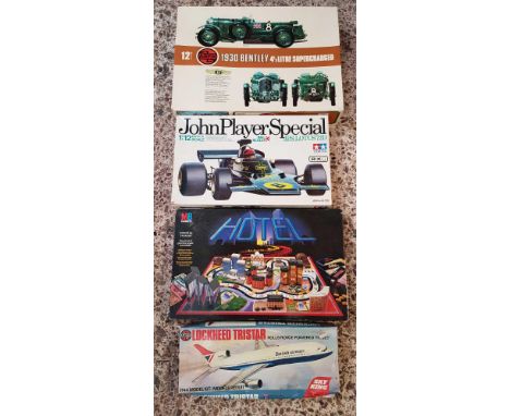 BOXES OF MODEL KITS, INCL; 1930 BENTLEY, STAR TREK, VOYAGER, LOTUS & A HOTEL BOARD GAME