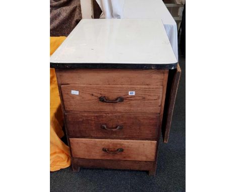 VINTAGE ENAMEL TOP WORK UNIT WITH DRAWERS & CUPBOARD
